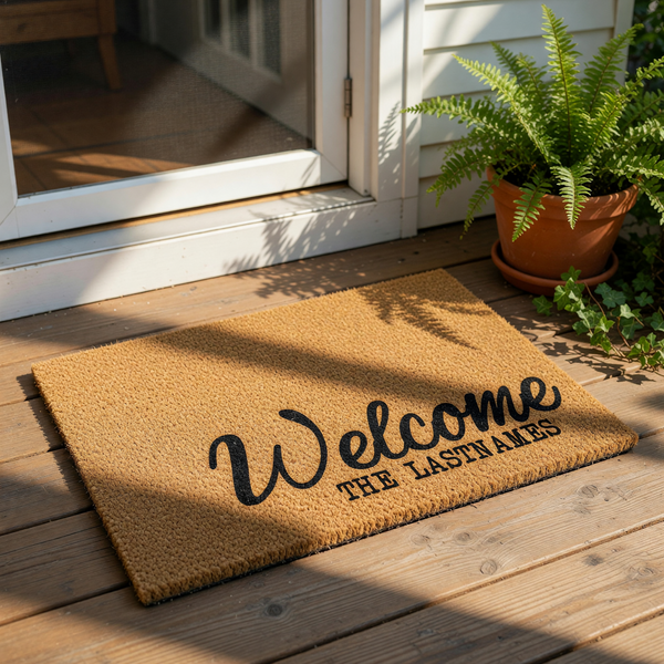 Personalized family name welcome doormat made of natural coir fiber, featuring a stylish script font for the word Welcome and block lettering for the custom last name, perfect for a front porch entryway or housewarming decor.