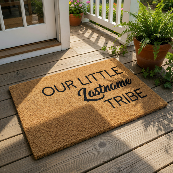Personalized family name doormat featuring the text Our Little Lastname Tribe in black ink on a natural coir fiber welcome mat, creating a custom outdoor floor rug for your front porch entrance or home entryway decor.