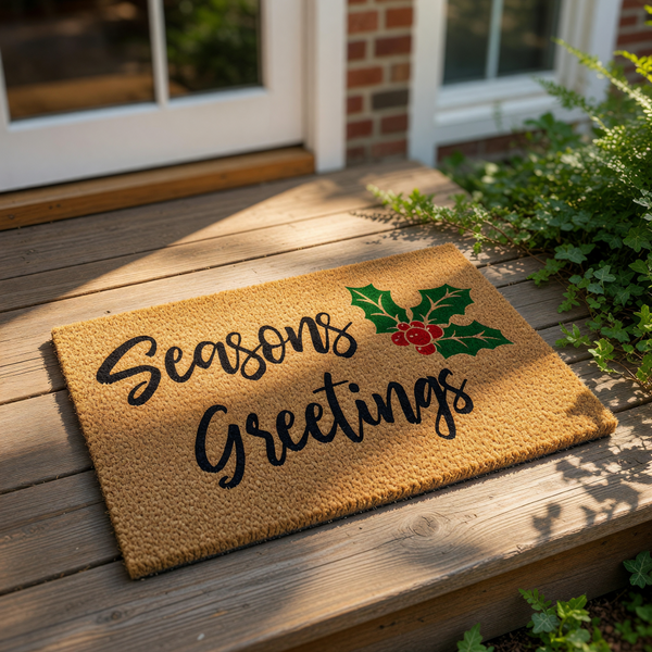 Seasons Greetings holiday doormat featuring festive holly and berry graphics on a natural coir fiber welcome mat, perfect for winter porch decor and outdoor entrance floor mats during the Christmas season for a festive home