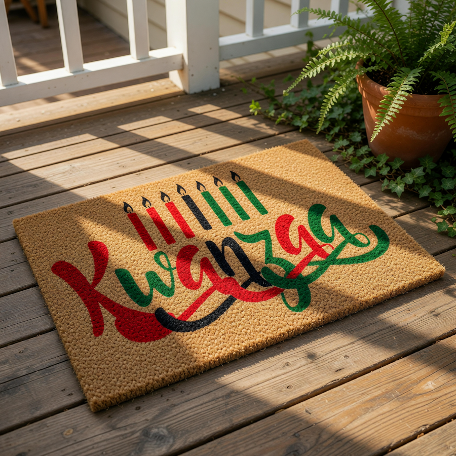 Kwanzaa doormat featuring festive red, black, and green candles printed on a natural coir welcome mat, perfect for holiday home decor and seasonal entryway floor mats to celebrate the cultural winter holiday season with family.