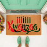 Kwanzaa welcome doormat featuring seven candles in red, black, and green colors on a natural coir fiber mat, perfect for holiday porch decor and seasonal entryway floor mats to celebrate the festive winter cultural tradition.