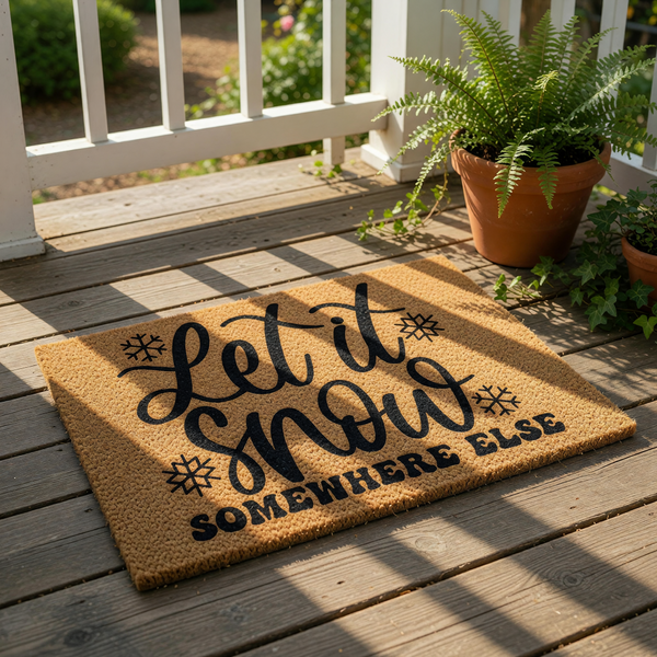 Let it Snow Somewhere Else funny winter doormat made of natural coir fiber, featuring black script text and snowflake icons for a festive holiday welcome mat that adds humor to your front porch decor during the cold season.