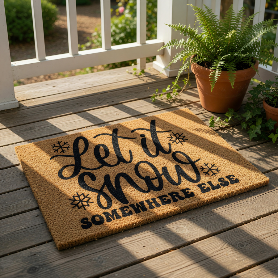 Let it Snow Somewhere Else funny winter doormat made of natural coir fiber, featuring black script text and snowflake icons for a festive holiday welcome mat that adds humor to your front porch decor during the cold season.