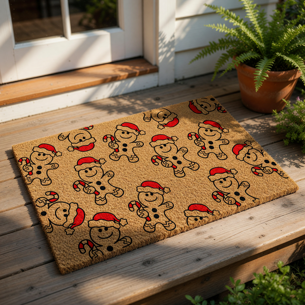 Gingerbread man Christmas doormat featuring a festive pattern of smiling cookies wearing red Santa hats and holding candy canes on a natural coir welcome mat, perfect for holiday porch decor and seasonal entryway floor mats.