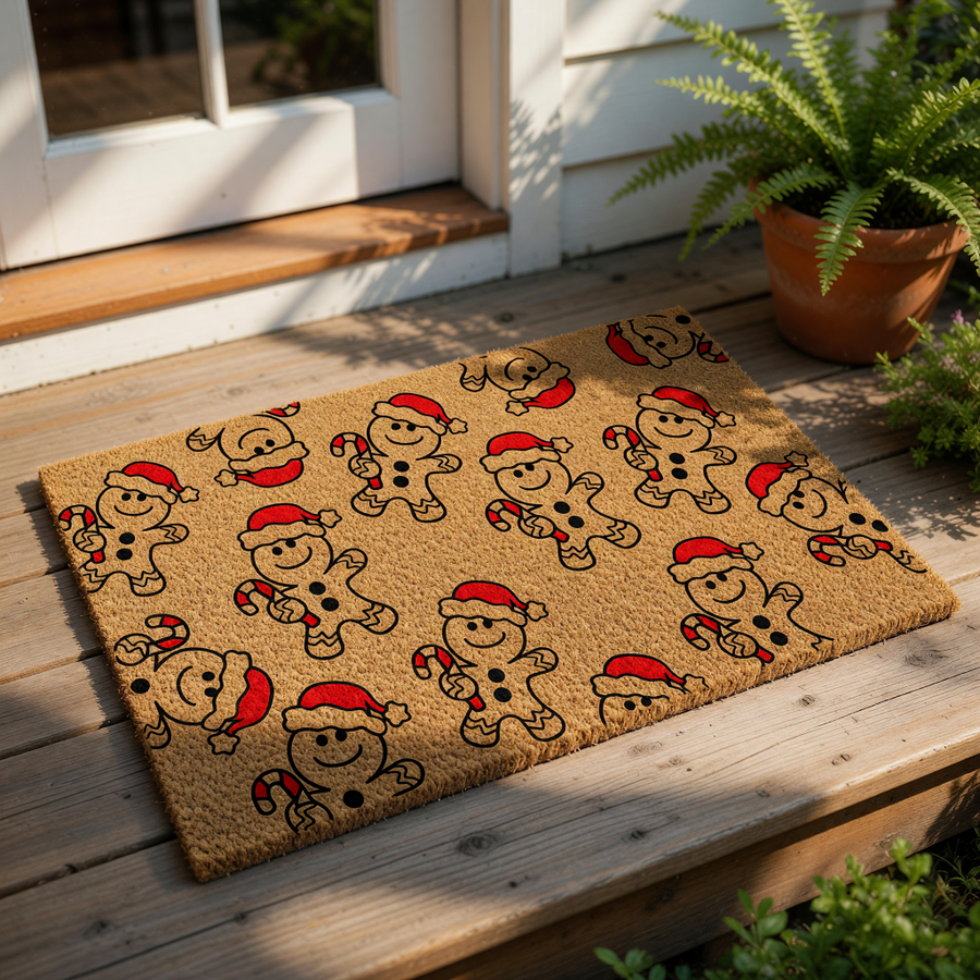 Gingerbread man Christmas doormat featuring a festive pattern of smiling cookies wearing red Santa hats and holding candy canes on a natural coir welcome mat, perfect for holiday porch decor and seasonal entryway floor mats.