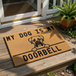 Boxer dog doormat with a funny My Dog Is My Doorbell quote, featuring a cute dog illustration on a natural coir fiber welcome mat for your front porch, entryway, or home entrance decor for any dog lover and pet owner.