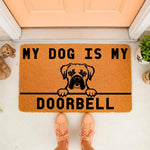 Boxer dog doormat with funny My Dog Is My Doorbell text, featuring a cute dog illustration on a natural coir welcome mat for front porch decor, perfect for pet lovers and dog owners looking for a durable, humorous outdoor floor