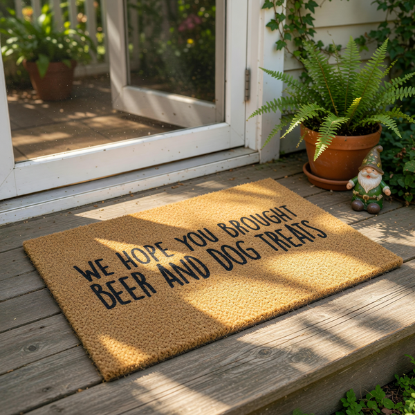 a textured doormat with the message "WE HOPE YOU BROOTED BEER AND DOG TREATS" printed on it.