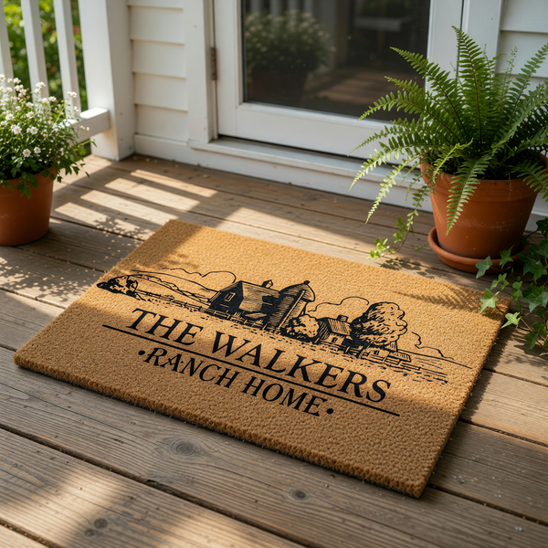 Personalized ranch home doormat featuring a rustic farm and silo illustration on natural coir fiber, this custom family name welcome mat is a durable outdoor floor rug for farmhouse porch decor and a housewarming entry way