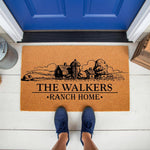Personalized farm scene doormat with a rustic barn and silo design, featuring custom family name text on a durable coir welcome mat for a front porch entrance, creating a charming farmhouse style entryway for any home or ranch.