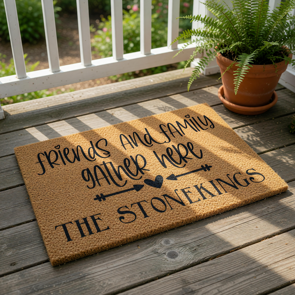 Personalized family name doormat featuring the phrase Friends and Family Gather Here in black script on a natural coir fiber welcome mat, perfect for a custom housewarming entry rug or a stylish front porch decor floor mat.