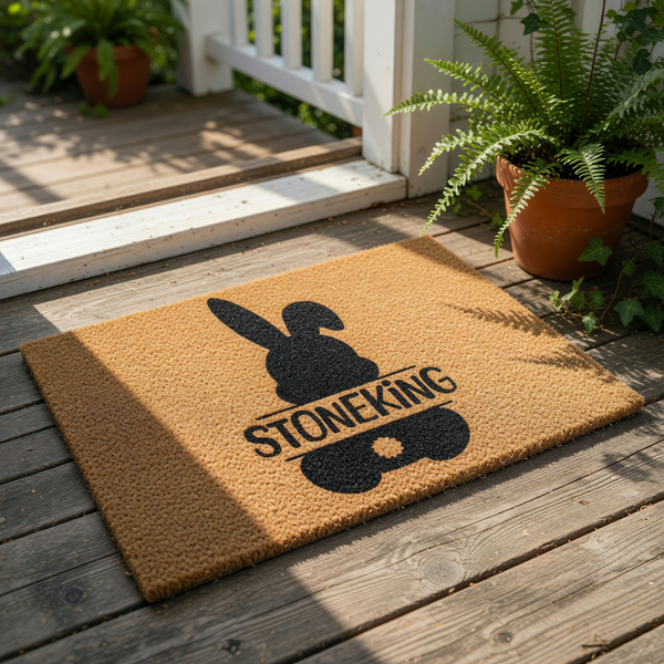 Personalized bunny rabbit coir doormat featuring a black silhouette of a bunny with a custom family name space, this natural fiber welcome mat is a stylish spring decor piece for your front porch entry or home entryway floor.