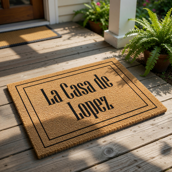 Personalized family name coir doormat featuring a classic rectangular border design, this durable natural fiber welcome mat is a stylish housewarming entry rug for any front porch or home entryway decor.