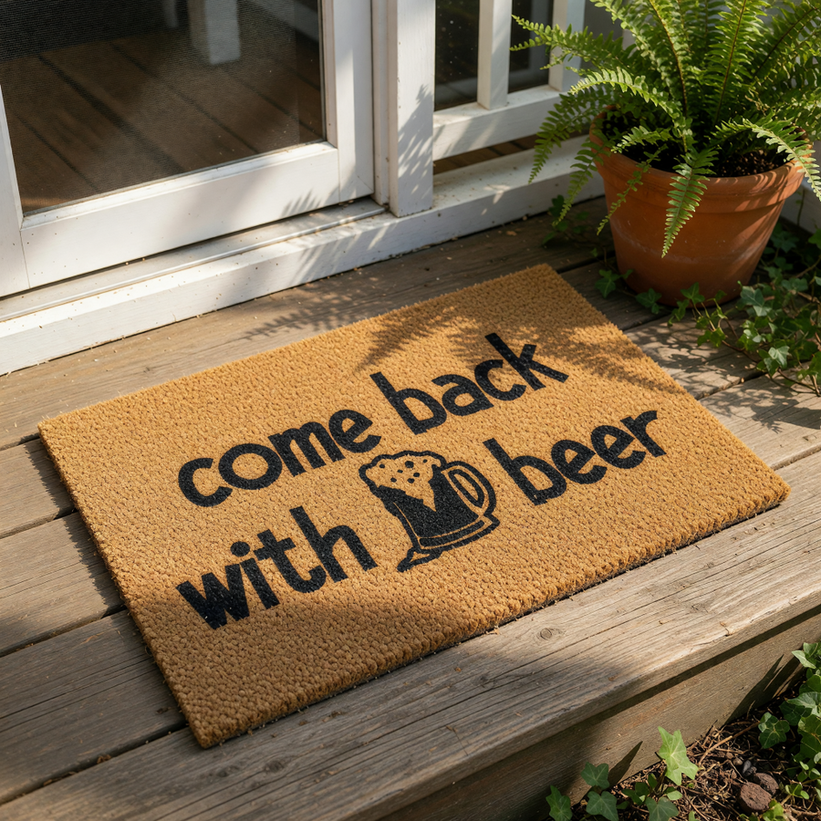 Come back with beer doormat featuring a funny quote and a frothy mug graphic on natural coir fiber, this humorous outdoor welcome mat is a great front porch decor piece for any home entrance or apartment door for beer lovers.