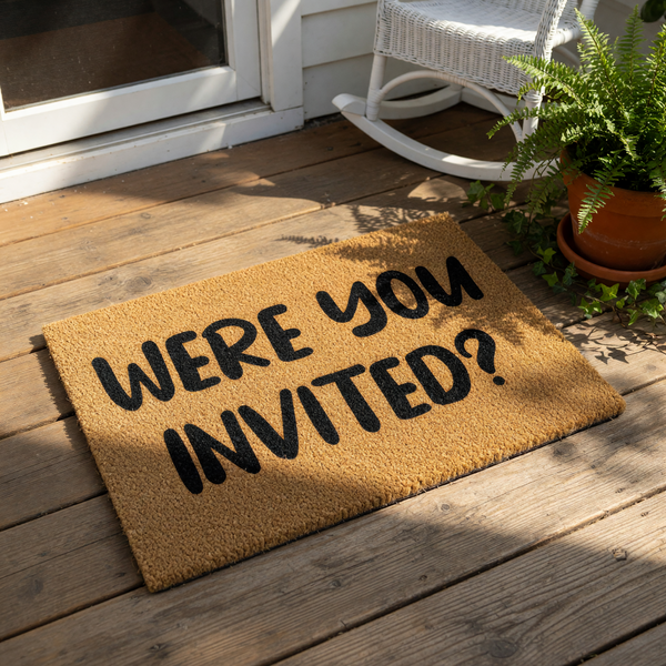 Funny coir doormat with the text Were You Invited printed in bold black letters, this natural fiber welcome mat makes a sarcastic front porch decor piece for your home entrance and is a great housewarming gift for sarcastic