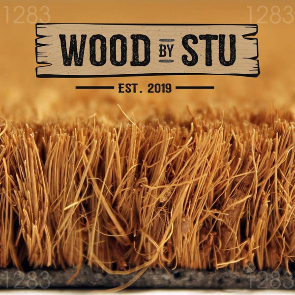 a close-up of a straw mat or straw-like material, with the text "WOOD BY STU" prominently displayed above it.