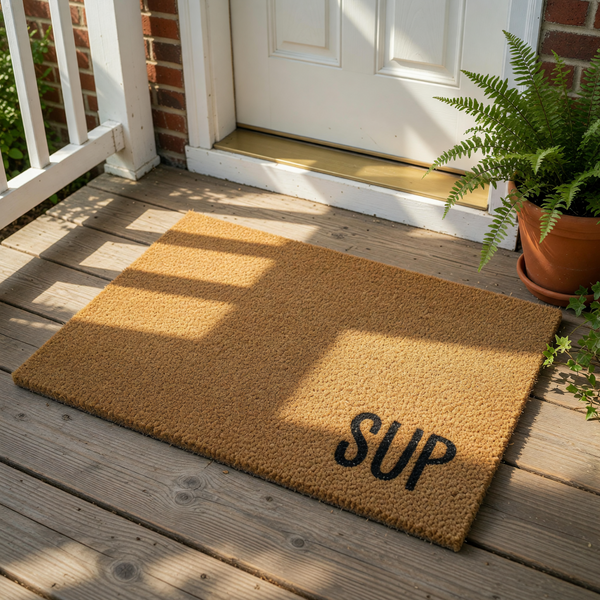 A beige, textured doormat with the word "SUP" printed on it.