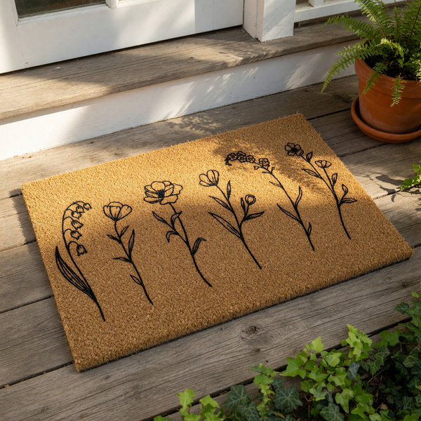 Floral doormat featuring a minimalist black line art design of wildflowers on a natural coir fiber welcome mat, perfect for a farmhouse porch entry or outdoor home decor that adds a touch of nature to your front door entrance.