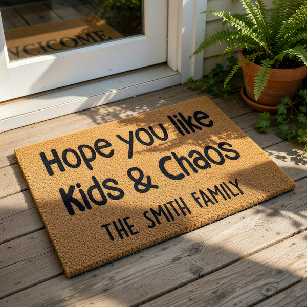 Personalized Kids and Chaos doormat featuring funny family text on a natural coir fiber welcome mat, this custom outdoor floor rug is a durable front porch decor piece for parents and families who love humorous home entry designs.