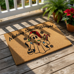 Making Spirits Bright Christmas doormat featuring a cute ghost wearing a Santa hat, wrapped in colorful holiday lights and holding a candy cane, perfect for a festive front porch welcome mat during the winter holiday season.