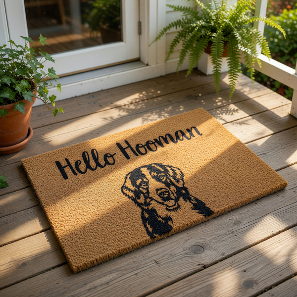 Bernese Mountain Dog doormat featuring a cute dog portrait and the text Hello Hooman, this natural coir fiber welcome mat is a funny pet lover front porch decor piece for dog owners who want a stylish and durable entryway rug.
