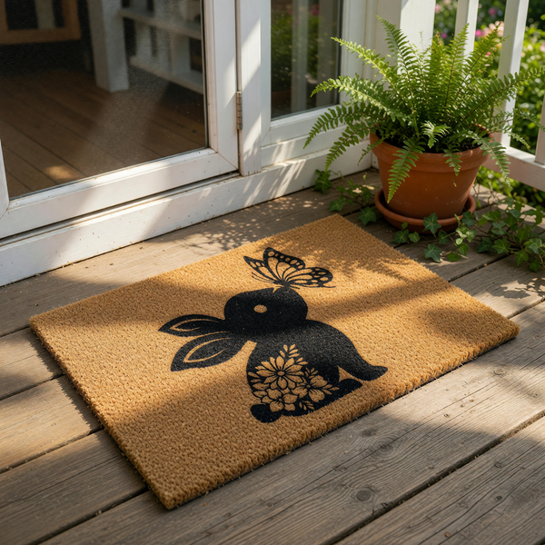 Floral Bunny and Butterfly Doormat featuring a natural coir welcome mat with a black silhouette of a rabbit decorated with flowers and a butterfly, perfect for spring porch decor or a cute outdoor entrance floor mat for your home.