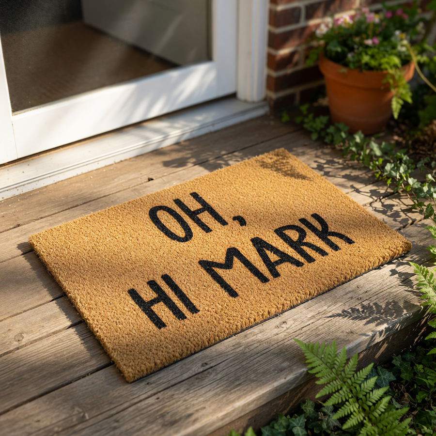 Funny coir doormat with the text Oh, Hi Mark printed in bold black letters on a natural brown fiber surface, making this humorous welcome mat a great housewarming decor piece for any front porch or entryway floor.