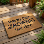 A textured doormat with the message "World's Best Grandparents Live Here" printed on it.