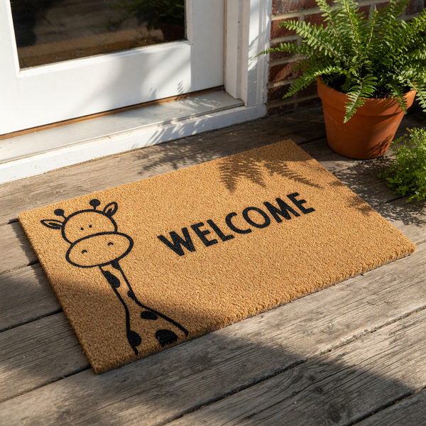 Giraffe welcome doormat featuring a cute cartoon animal illustration on natural coir fiber, this durable outdoor welcome mat adds a fun touch to your front porch decor with its whimsical safari animal design and bold lettering.