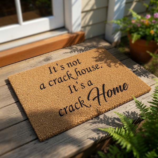 Funny coir doormat with black text reading It is not a crack house it is a crack home, this durable natural fiber welcome mat is a humorous front porch decor piece for your entryway, apartment, or housewarming gift for friends.