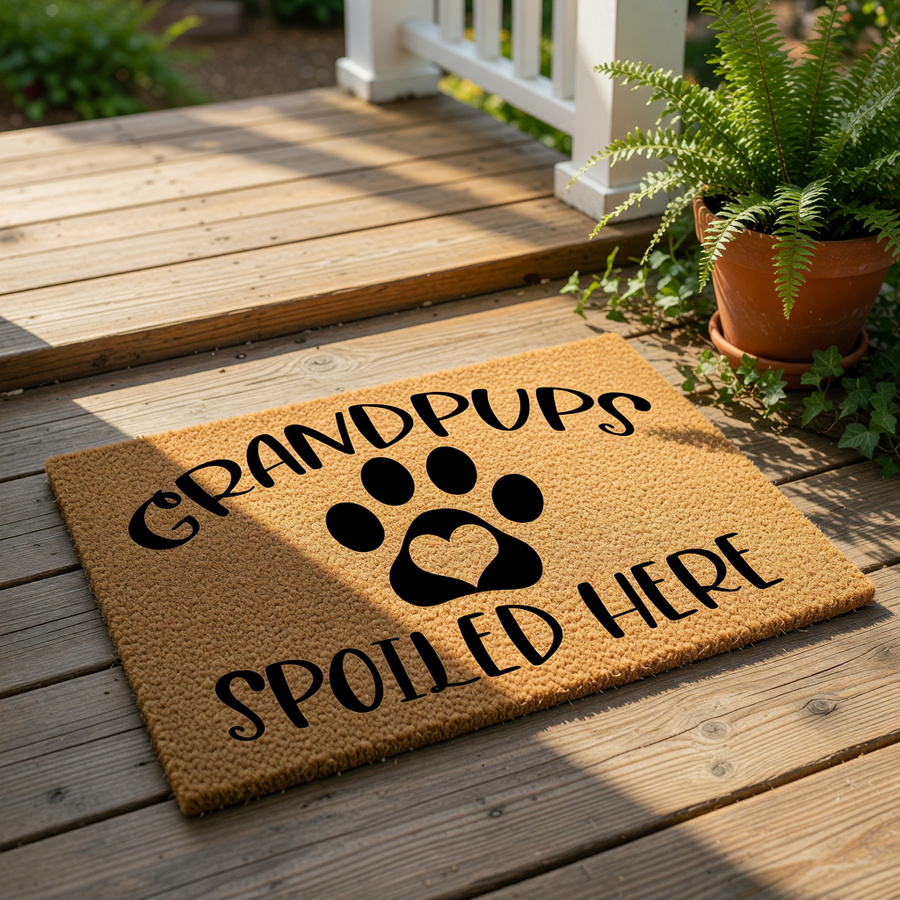 Grandpups Spoiled Here coir doormat featuring a black paw print with a heart center, this funny pet lover welcome mat is a durable outdoor rug for dog owners and a cute housewarming gift for any proud grandparent of fur babies.