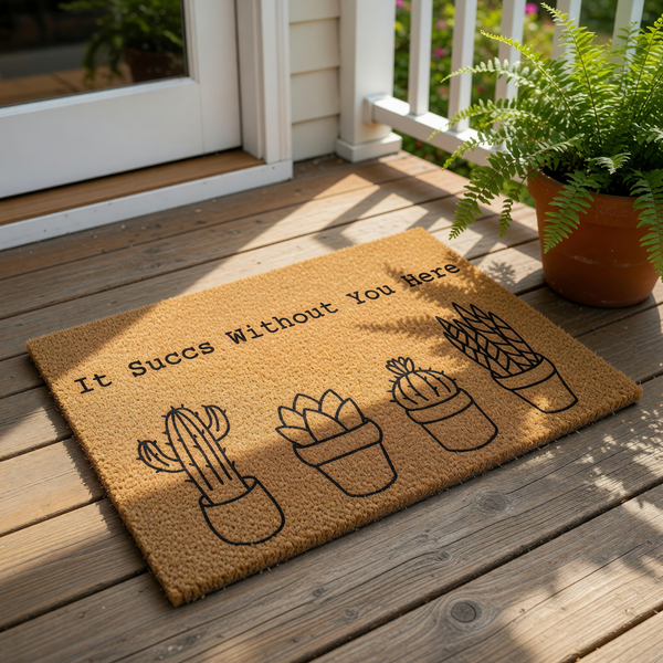 Funny cactus doormat with the text It Succs Without You Here, featuring four potted succulent illustrations on a natural coir welcome mat, perfect for a housewarming gift or a humorous front porch decor entry rug for plant lovers.