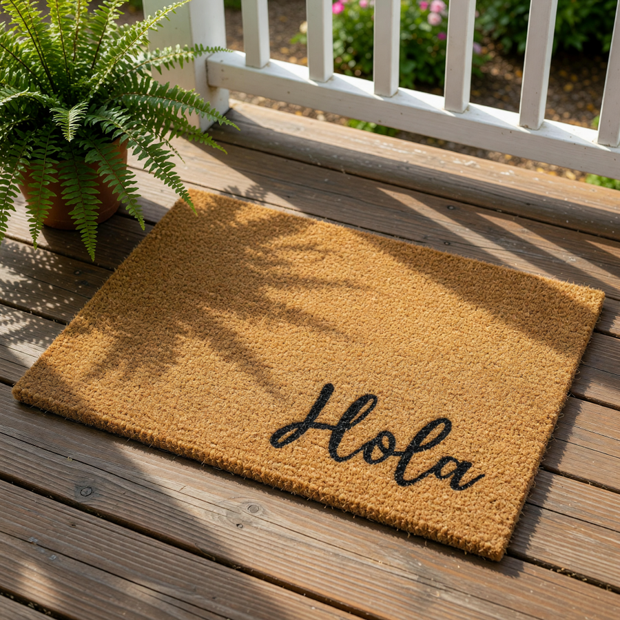 Hola coir doormat with a natural fiber texture and black script lettering, this durable outdoor welcome mat is a stylish front porch rug that adds a friendly greeting to your home entrance and entryway decor for guests.