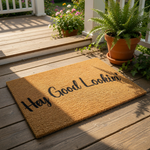Hey Good Lookin doormat with a natural coir fiber texture and bold black script lettering, this funny front porch welcome mat is a stylish outdoor floor rug for your home entrance that adds personality to your entryway decor.