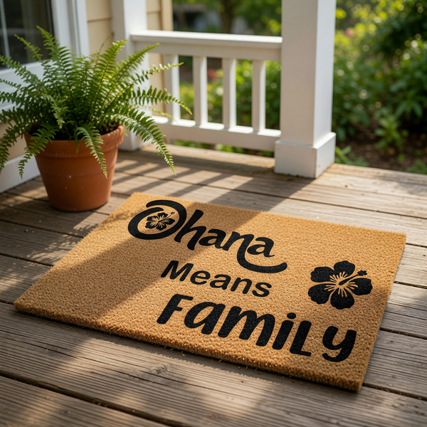 Ohana Means Family doormat featuring a tropical hibiscus flower design on natural coir fiber, this durable outdoor welcome mat is a stylish home decor piece for your front porch entry and a warm greeting for all your visiting
