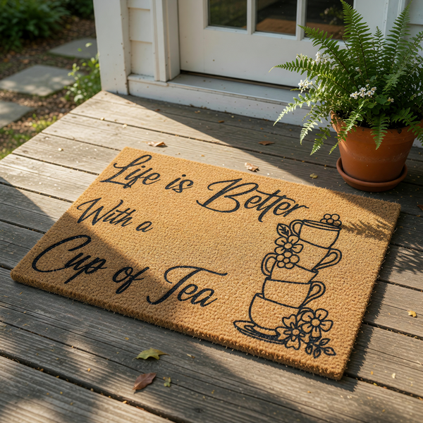 Life is Better With a Cup of Tea coir doormat featuring a stack of teacups and floral designs, this natural fiber welcome mat is a stylish front porch decor piece for tea lovers and home entryways looking for a cozy kitchen vibe.
