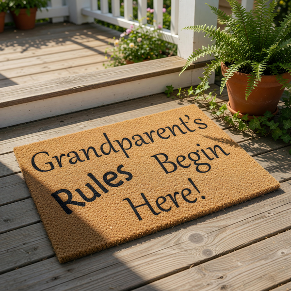 Grandparent's Rules Begin Here doormat featuring bold black text on a natural tan coir fiber mat, this funny welcome mat makes a great housewarming decor piece for a grandparent's home entrance or a front porch entryway floor rug.