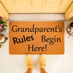 Grandparent's Rules Begin Here doormat featuring a natural coir fiber texture, perfect for a front porch entry.