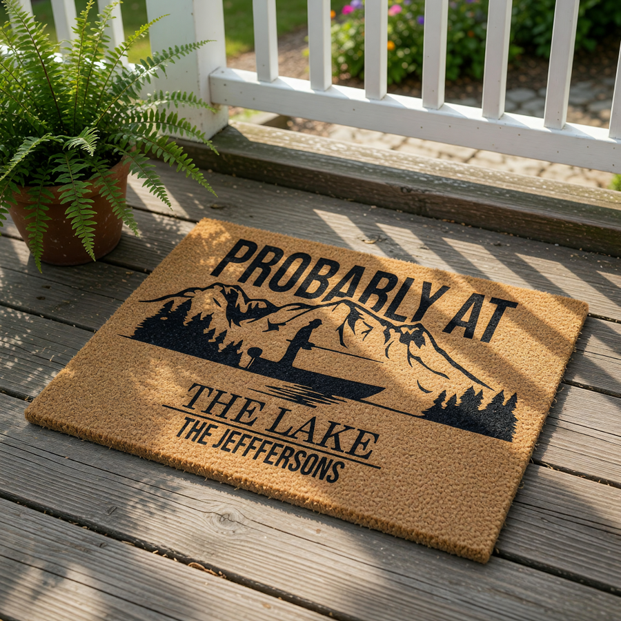 Personalized lake house doormat featuring a mountain and fishing boat design, this custom coir welcome mat is a durable outdoor floor rug for cabin decor, lake life enthusiasts, and family home entryways with a custom last name.