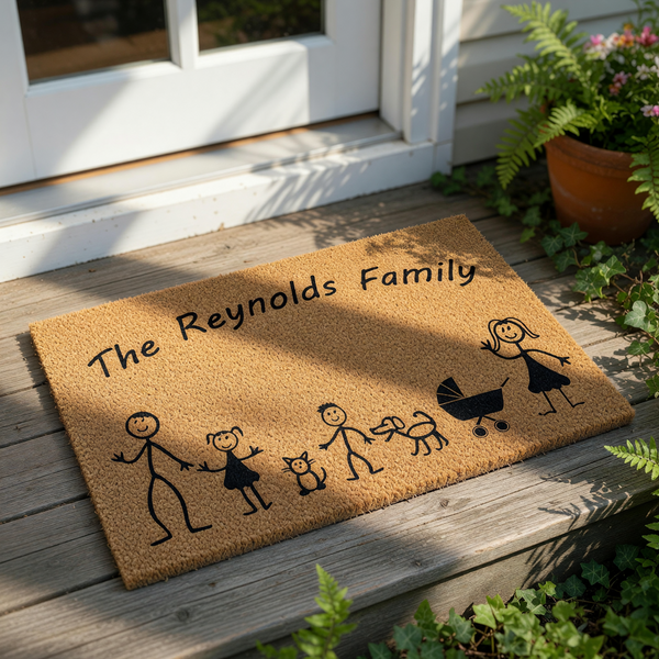 Personalized family doormat featuring stick figure illustrations of parents, children, a cat, a dog, and a baby stroller on a natural coir fiber welcome mat, perfect for a custom housewarming gift or front porch decor for any