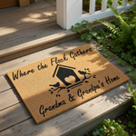 Grandma and Grandpa coir doormat featuring a birdhouse and bird design with the text Where the Flock Gathers, this durable outdoor welcome mat is a personalized home decor piece for a grandparent front porch or entryway floor.