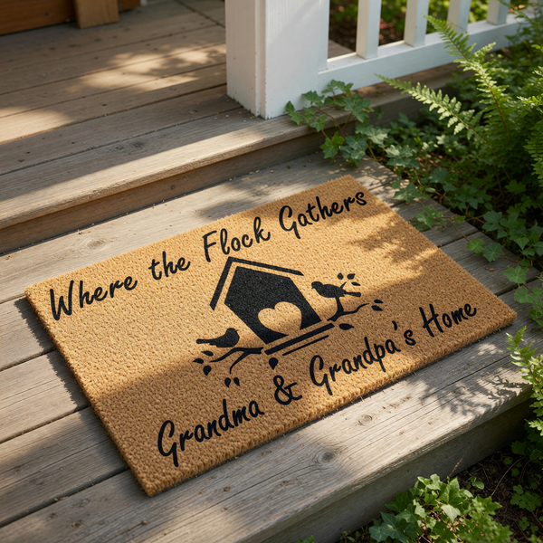 Grandma and Grandpa coir doormat featuring a birdhouse and bird design with the text Where the Flock Gathers, this durable outdoor welcome mat is a personalized home decor piece for a grandparent front porch or entryway floor.