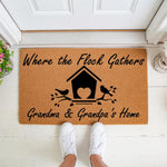 Grandma and Grandpa coir doormat featuring a birdhouse design and the text Where the Flock Gathers, this personalized welcome mat for grandparents is a durable outdoor floor rug for a front porch entry or home entryway decor.