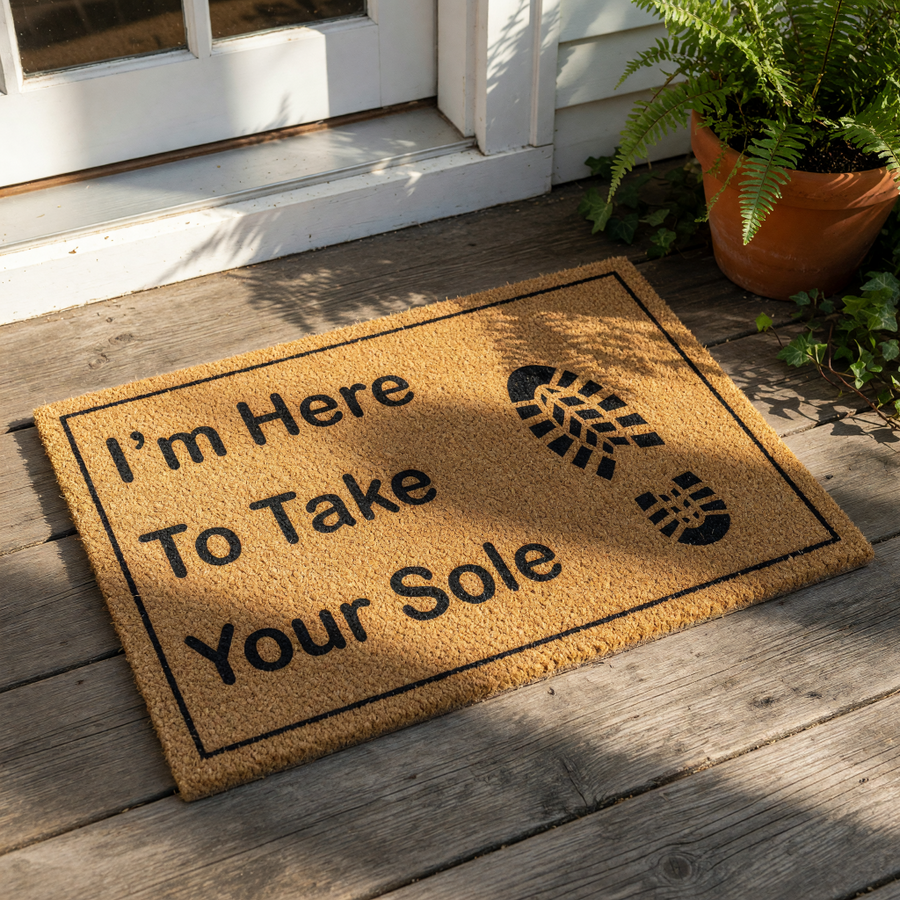 Funny doormat with a shoe print design and the text I am here to take your sole, this natural coir fiber welcome mat is a humorous front porch decor piece for your home entrance, featuring a durable outdoor rug with a clever pun
