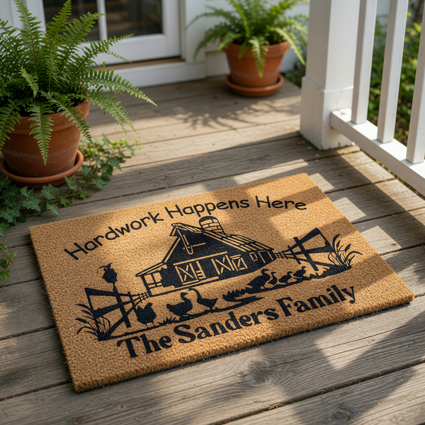 Personalized farm family doormat featuring a barn and poultry design on natural coir fiber, perfect as a custom outdoor welcome mat for a farmhouse porch or rustic home entrance with the phrase Hardwork Happens Here printed in