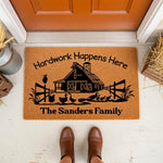 Personalized farm doormat with barn and chicken design on a natural coir welcome mat, featuring the text Hardwork Happens Here for a rustic farmhouse porch decor look that makes a custom family name entry rug for your home