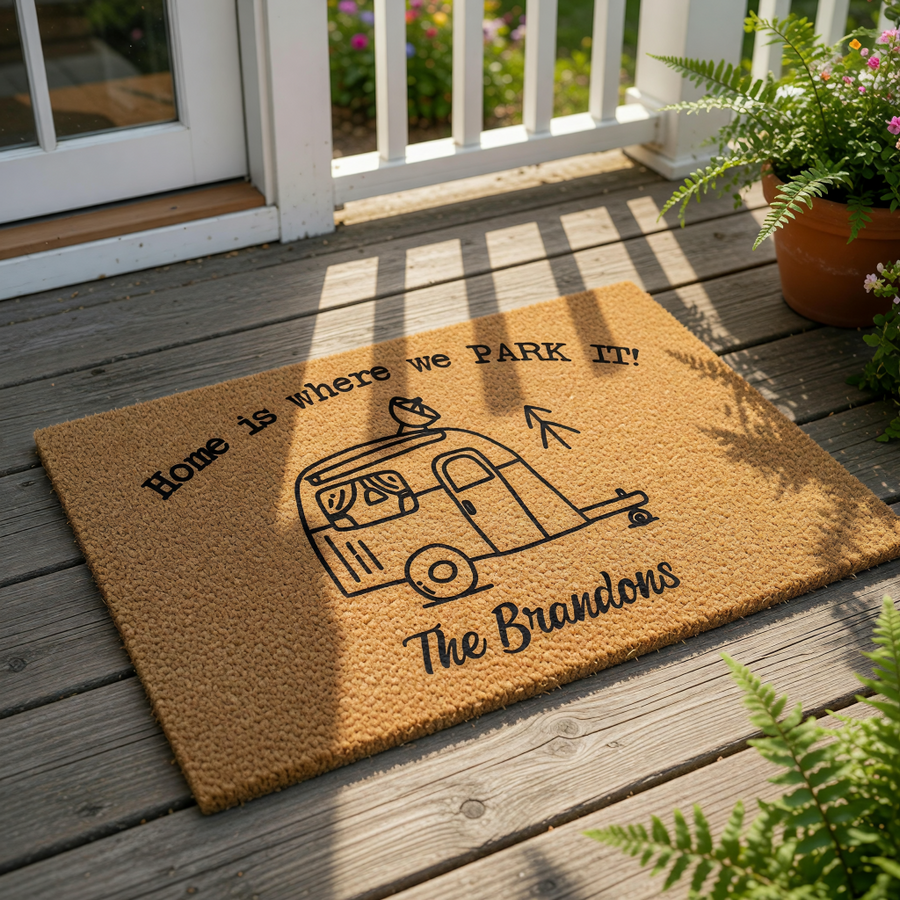 Personalized camper doormat featuring a travel trailer illustration and the text Home is where we PARK IT, this natural coir welcome mat is a custom outdoor rug for camping enthusiasts and RV owners looking for unique home decor.