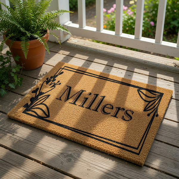 Personalized family name coir doormat featuring a stylish black floral border design on a natural fiber welcome mat, perfect for a front porch entrance or housewarming decor for a new home, house, or apartment entryway.