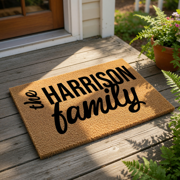 Personalized family name coir doormat featuring custom text on a natural fiber welcome mat, perfect for a front porch entry, housewarming, or new home decor gift for a family looking for a durable, stylish outdoor floor rug.