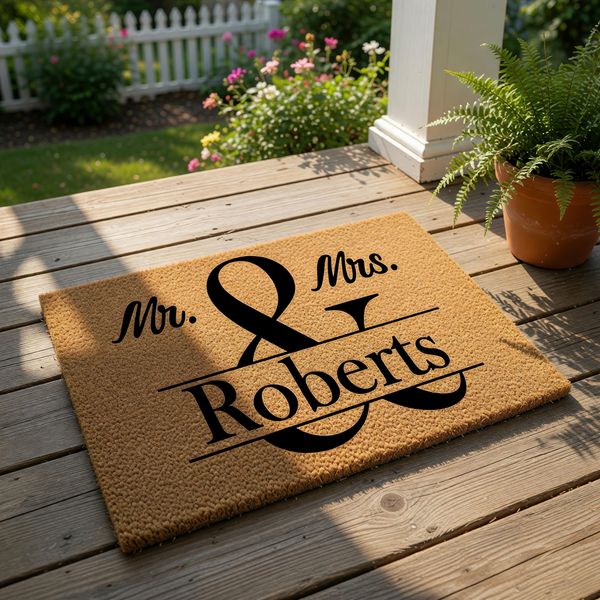 Personalized Mr. and Mrs. doormat for couples, featuring a natural coir fiber welcome mat with black custom family name text, ideal for a wedding gift, housewarming present, or stylish front porch decor for a newlywed home